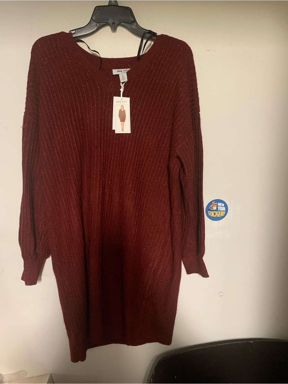 Nine West Metallic Ribbed Sweater Dress - Wine Red